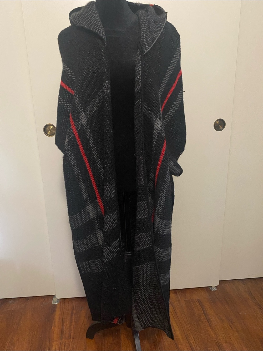 Lane Bryant Hooded Black, Red & Gray Plaid Knit Coatigan